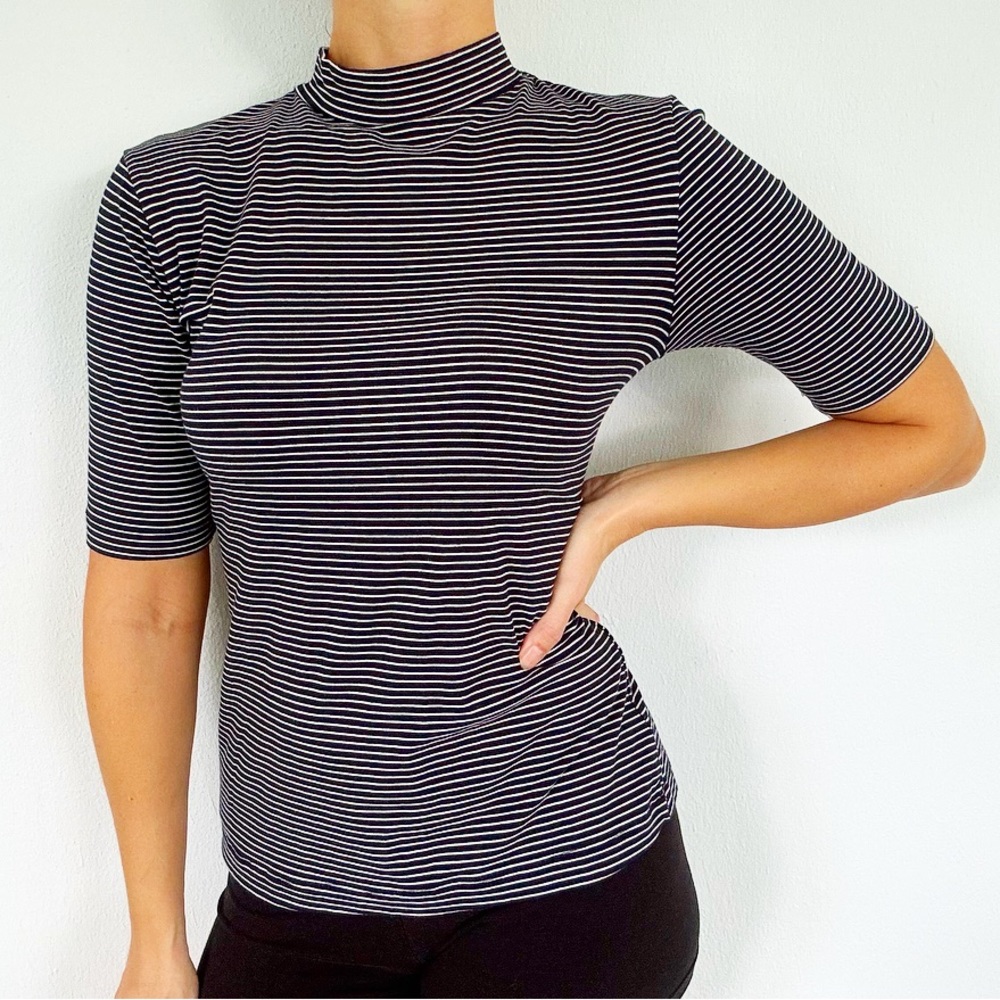 For the Republic navy blue white stripe mock neck stretch top size small